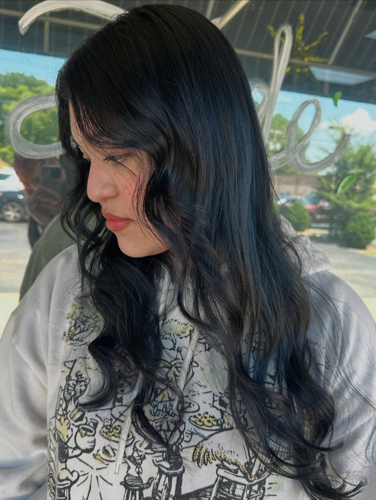 12. Long Blue-Black Waves with Curtain Fringe (Blue Black Hair Color)