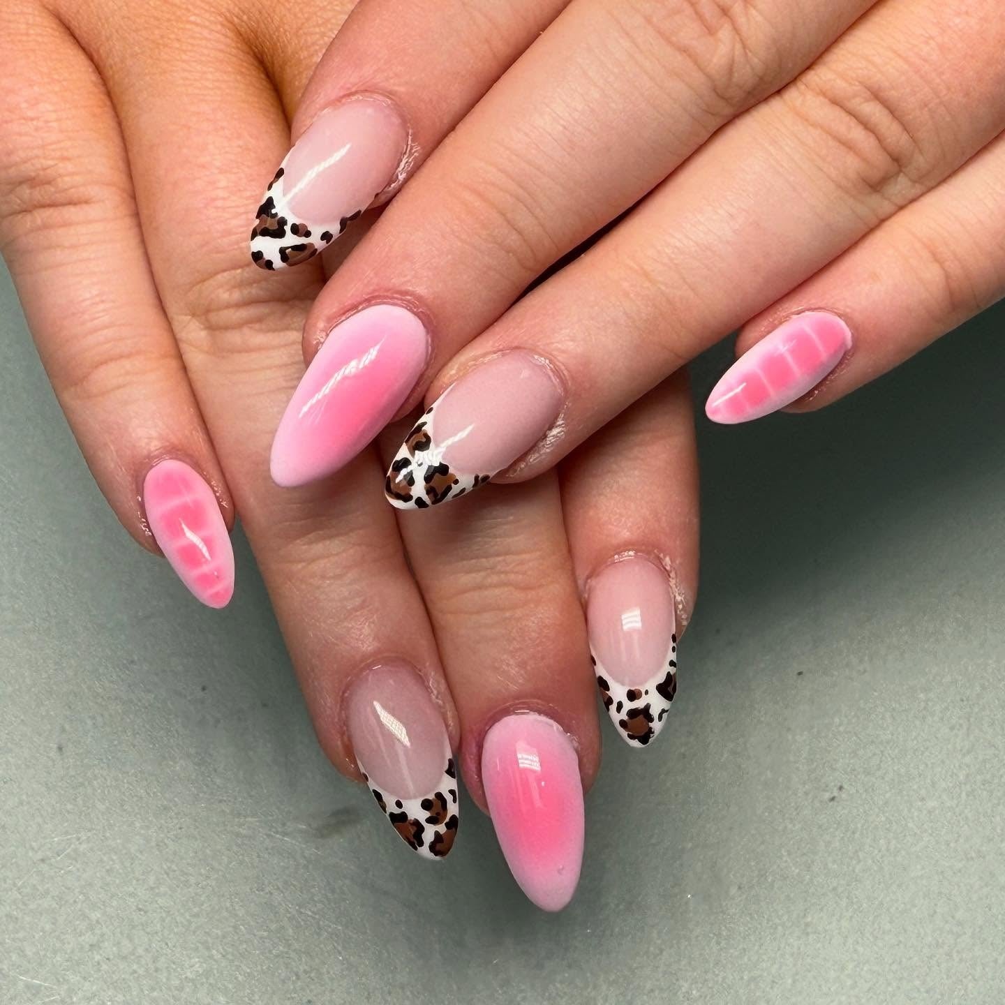 3. Pink Gradient & Leopard Combo (Almond Nail Ideas)