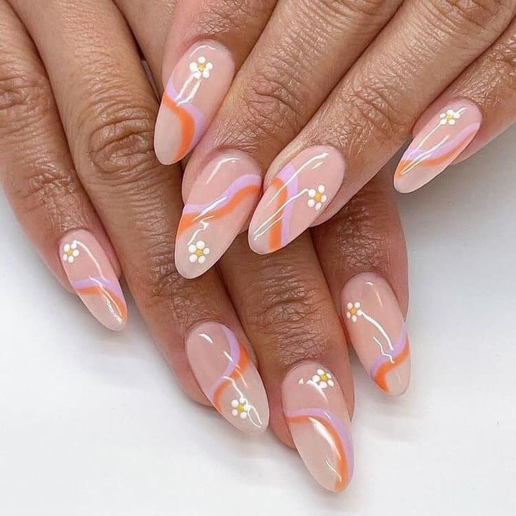 10. Sunset Swirl with Mini Daisies (Almond Nail Ideas)