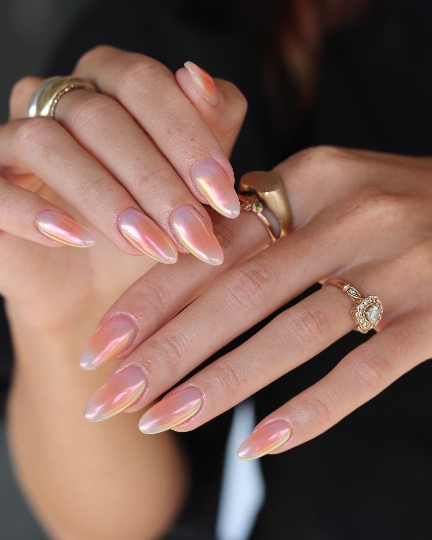 11. Iridescent Rose Chrome Shine (Almond Nail Ideas)