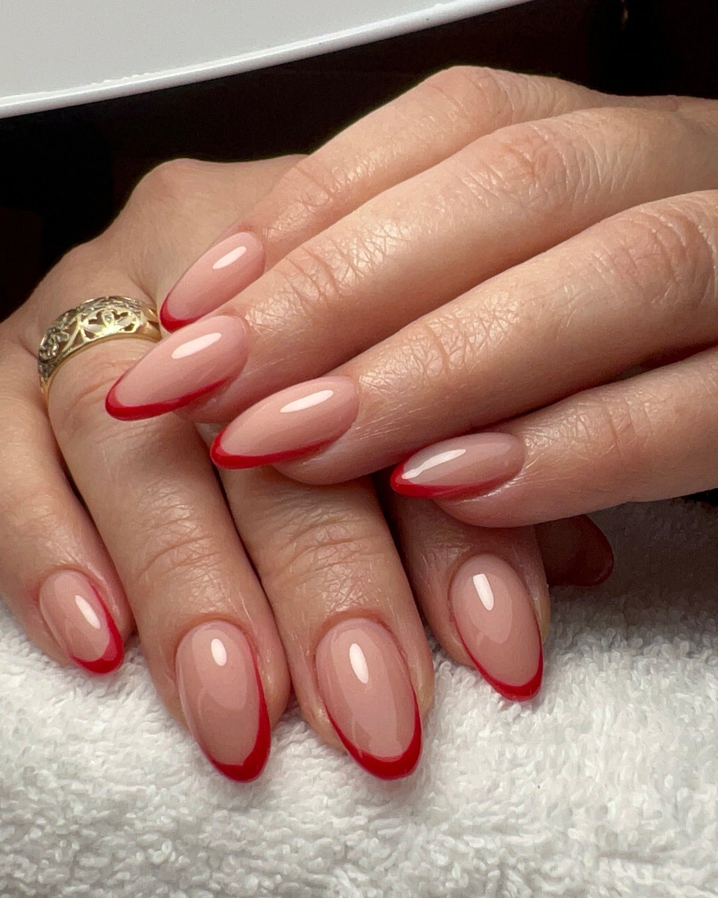 16. Cherry Red Tipped Elegance (Almond Nail Ideas)