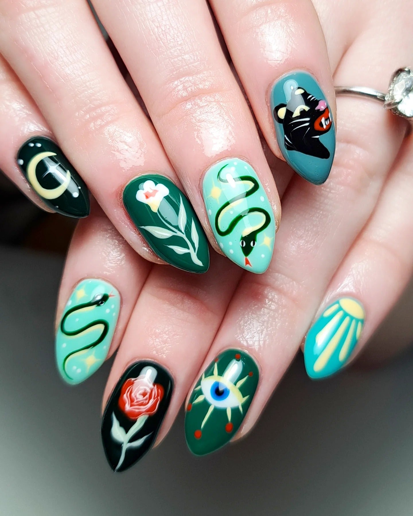 2. Whimsical Botanical Illustrations (Green Nail Ideas)