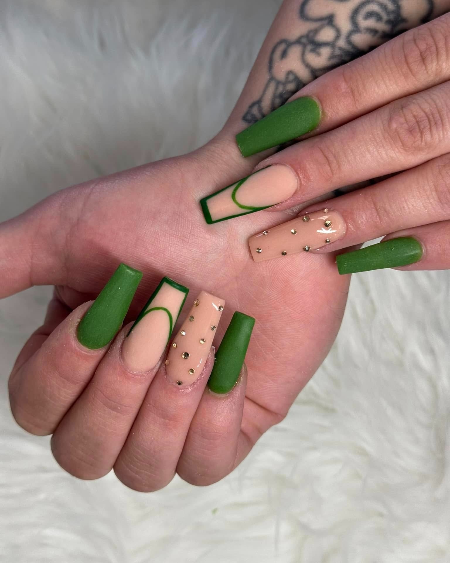 4. Structured Matte Olive with Nude Accent (Green Nail Ideas)