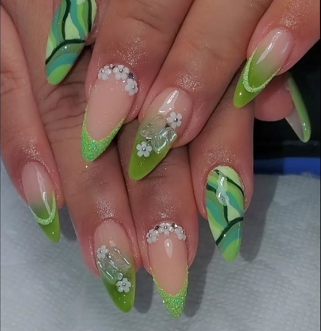 7. Neon Petal Tips with 3D Florals (Green Nail Ideas)