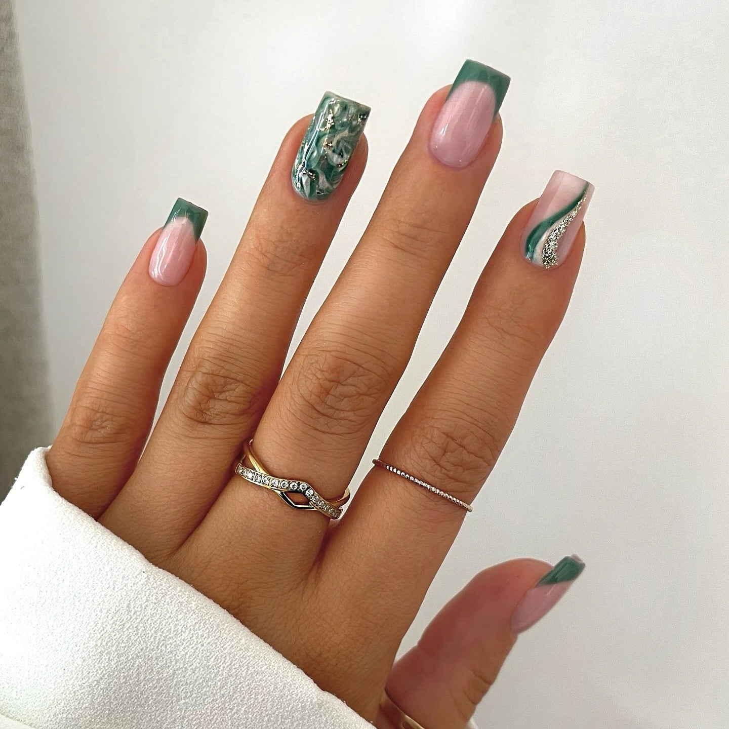 14. Green Marble French with Metallic Flair (Green Nail Ideas)