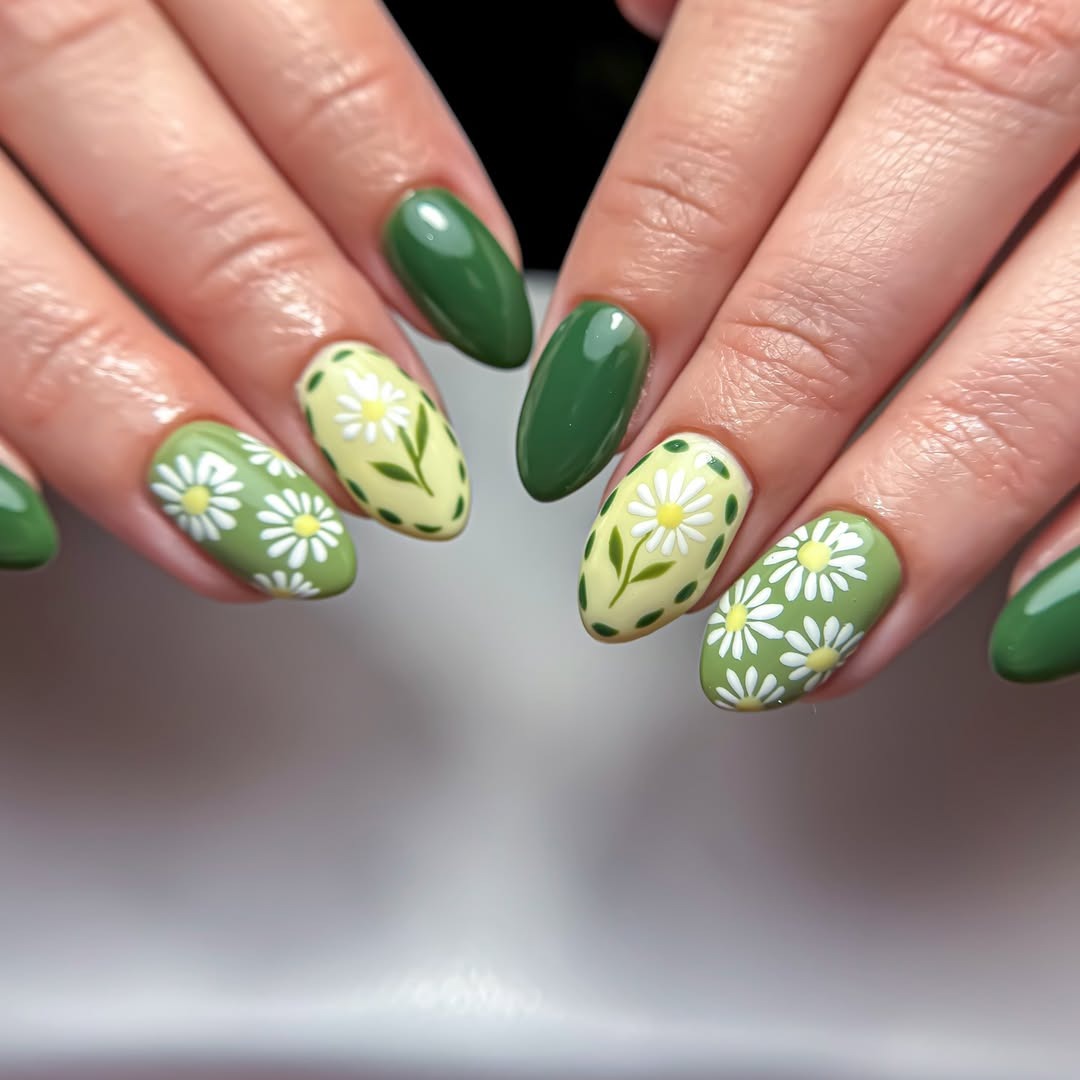 16. Lime Blossom and Olive Overlay (Green Nail Ideas)