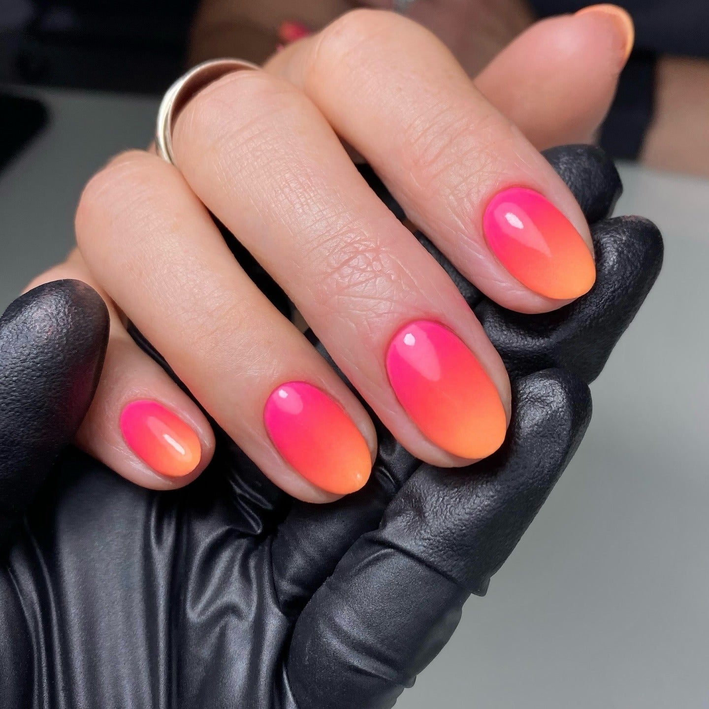 3. Electric Sunset Ombre on Oval Tips (Ombre Nail Ideas)