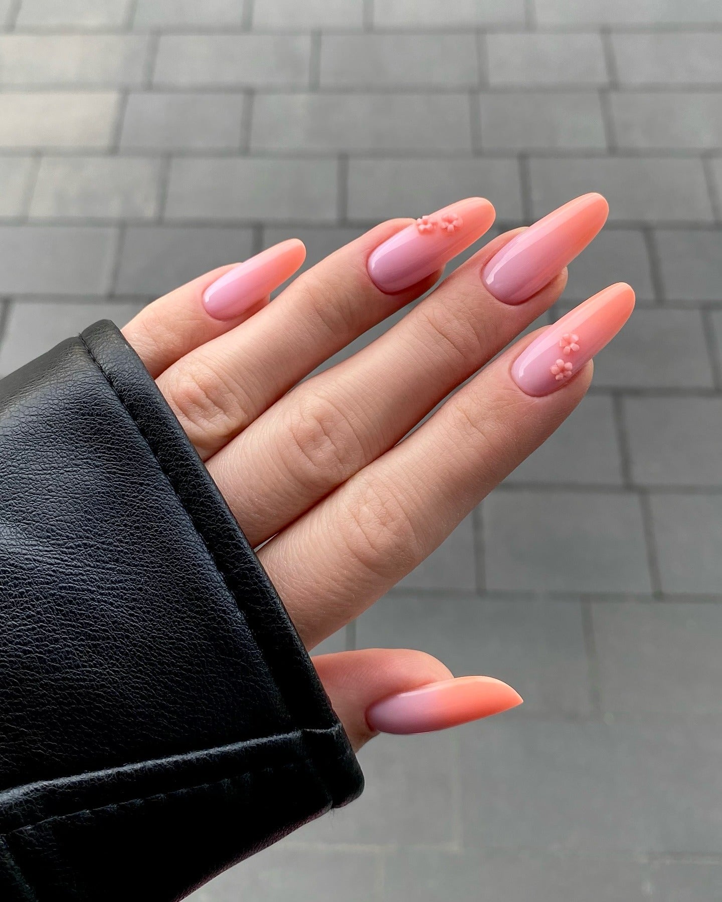 9. Coral Blossom Ombre with 3D Accents (Ombre Nail Ideas)