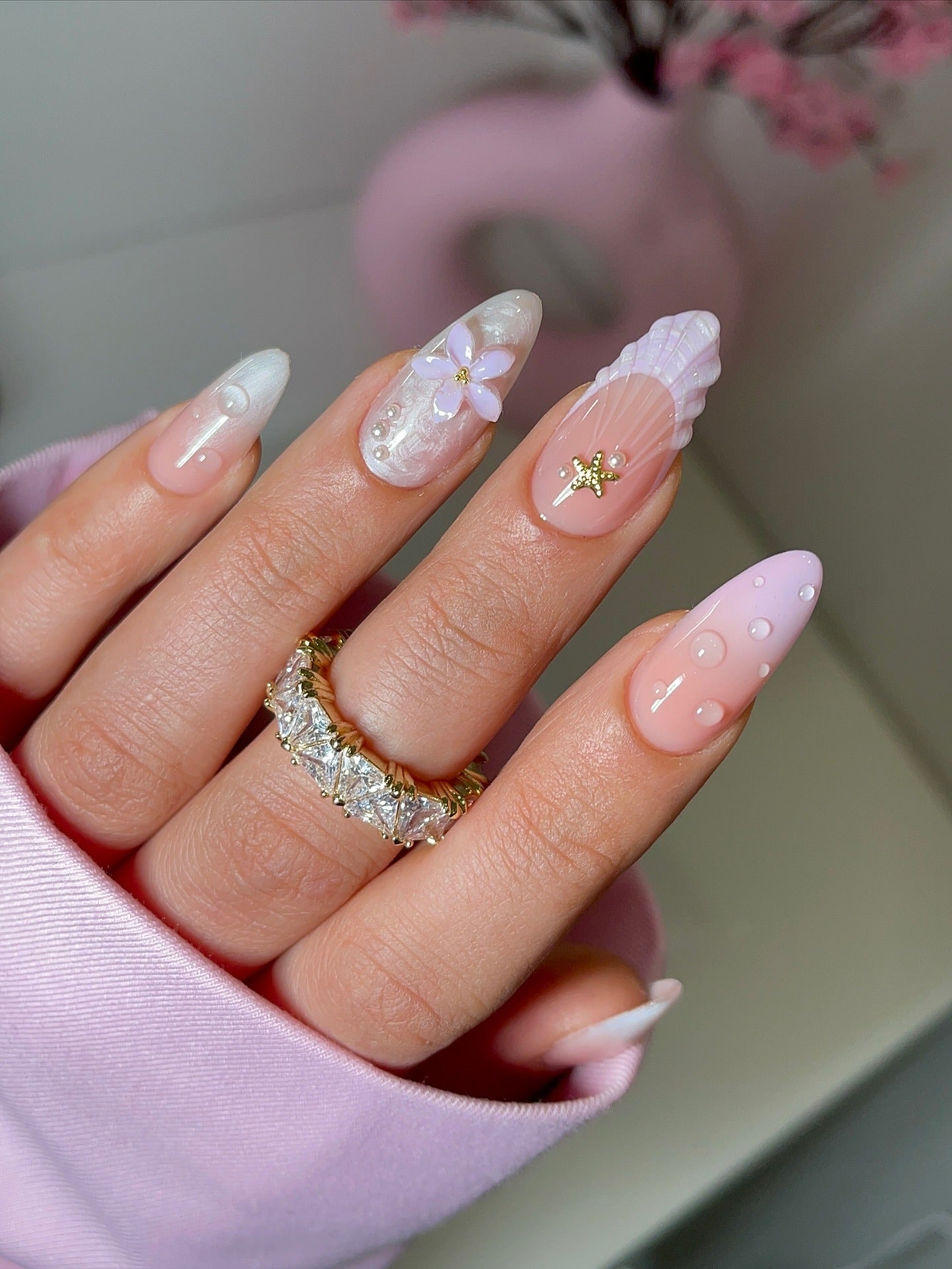 14. 3D Floral and Pearl Ombre Set on Almond Nails (Ombre Nail Ideas)