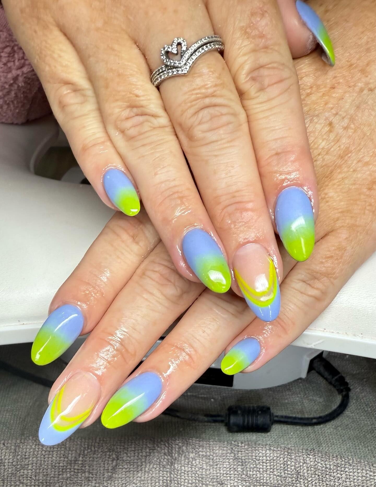 15. Blue and Lime Ombre with Abstract Art (Ombre Nail Ideas)