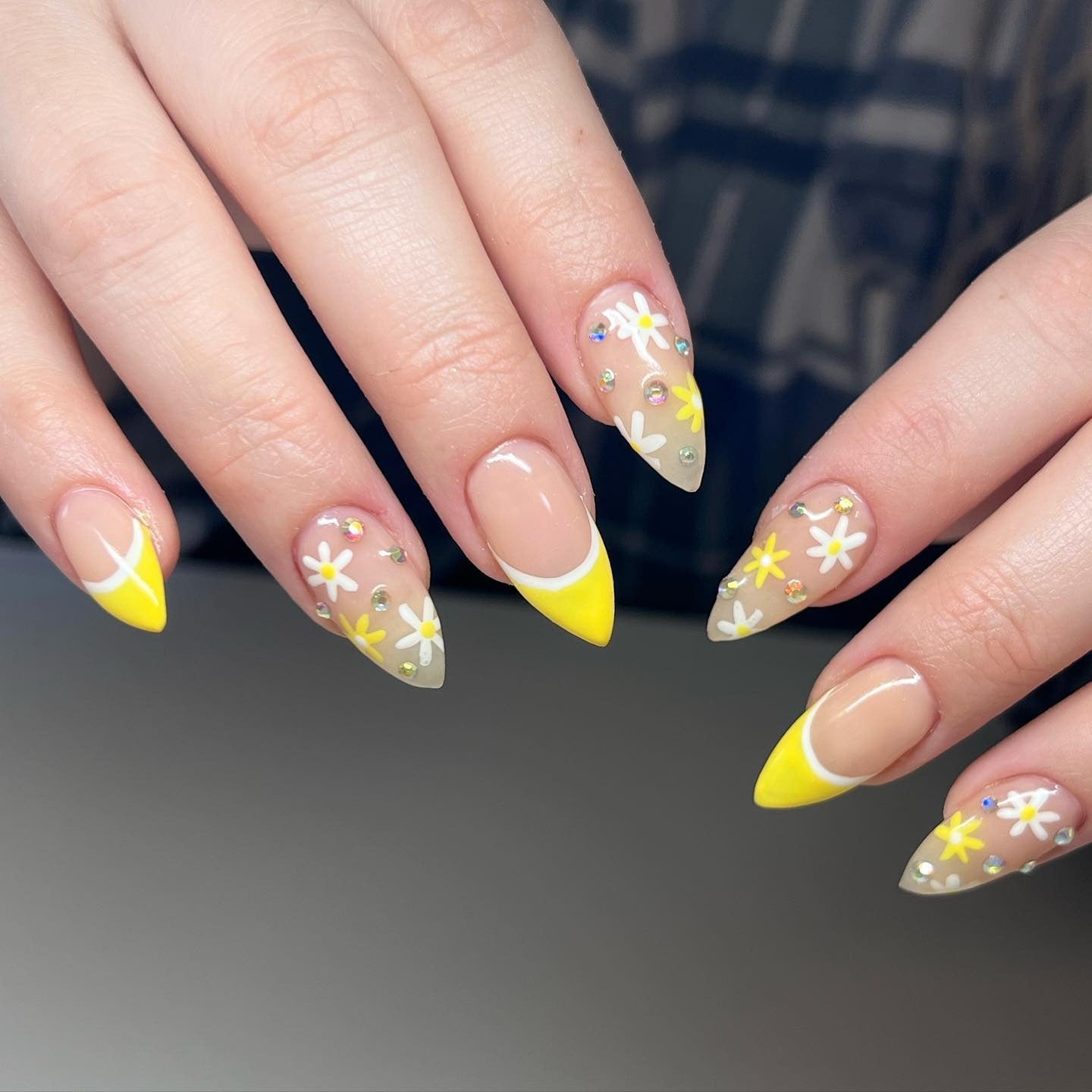 4. Sunshine Yellow French with Floral Accents (Spring Nail Ideas)
