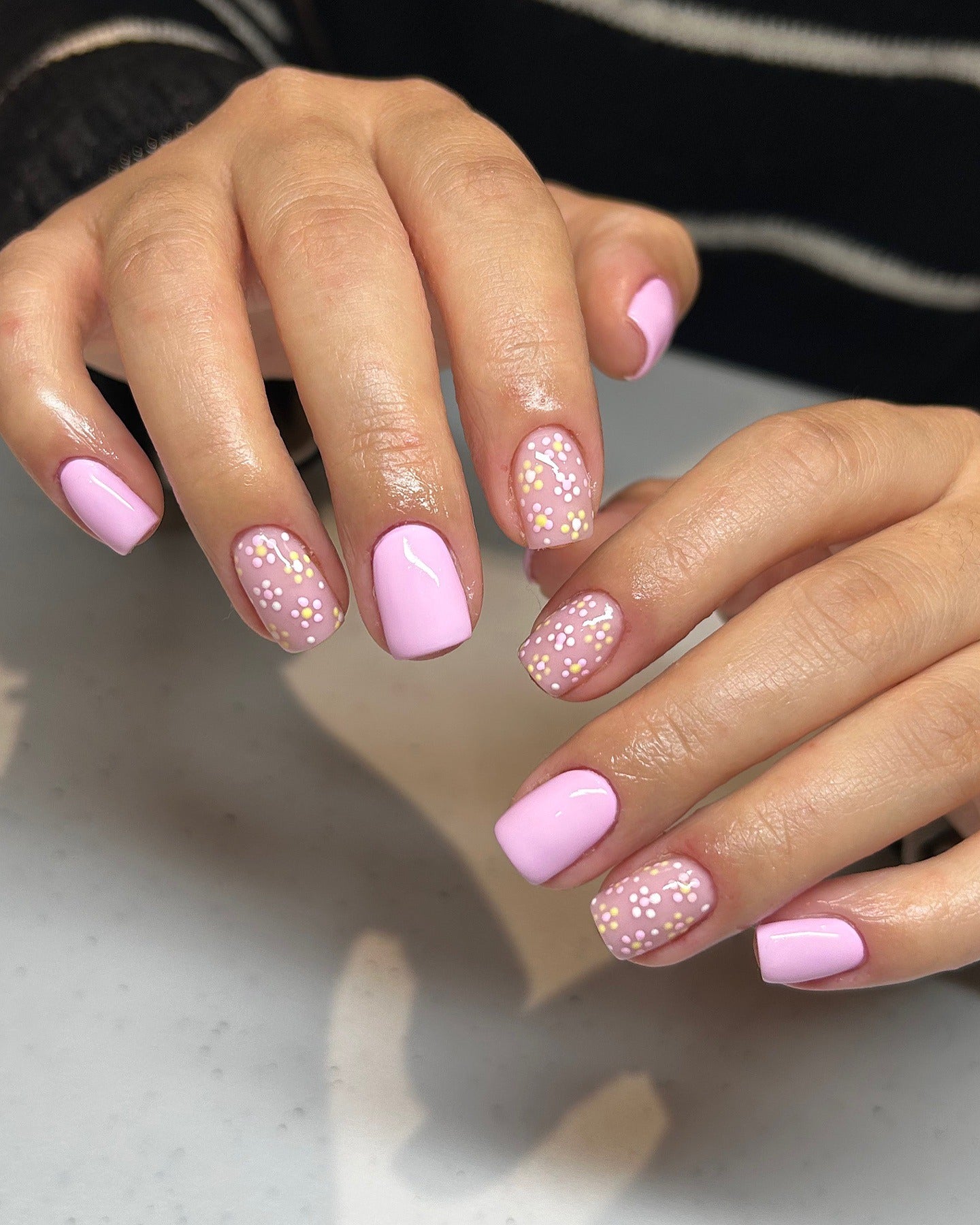 9. Pink Blossom Dots on Pastel Base (Spring Nail Ideas)