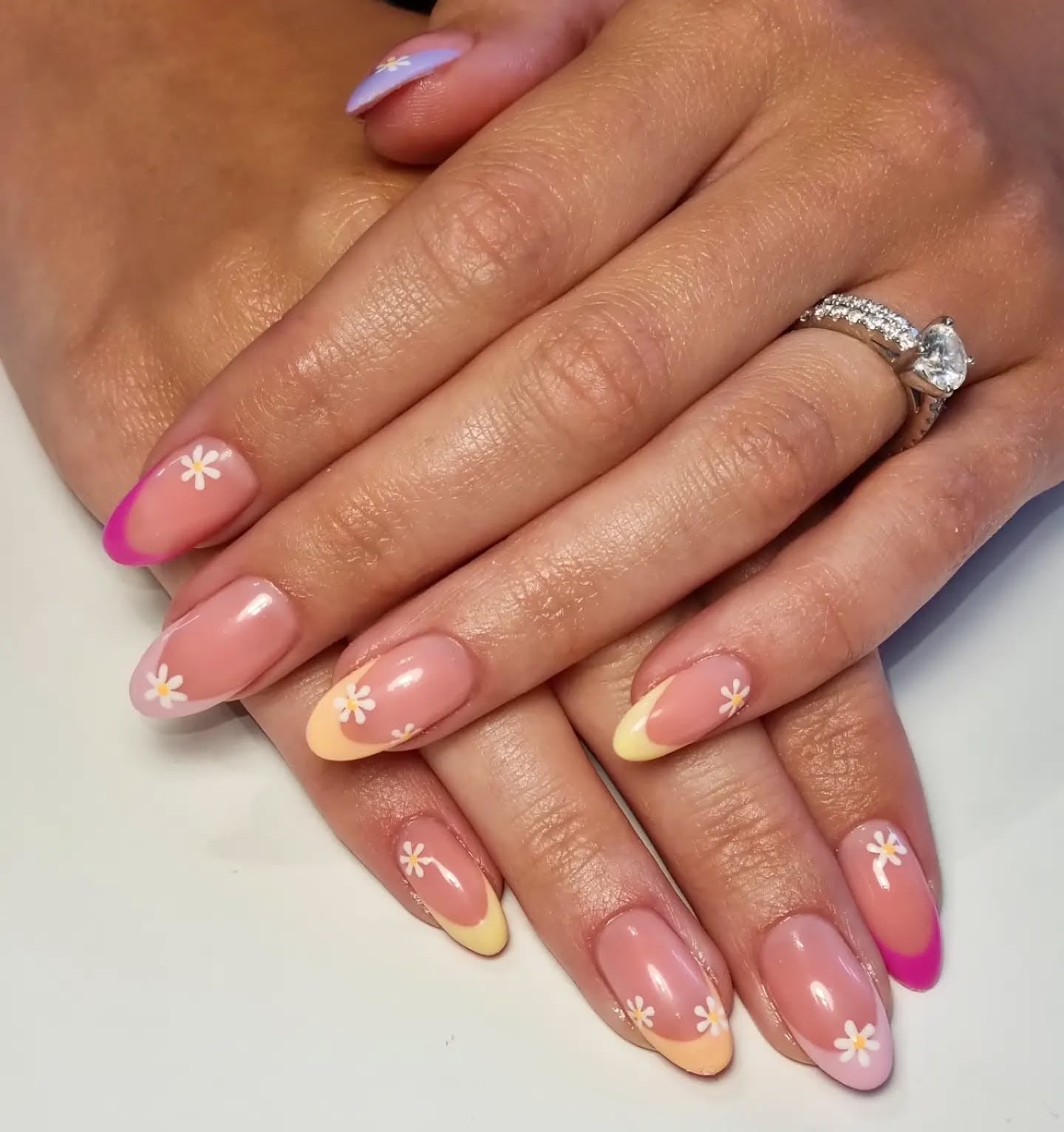 10. Colorblock French with Mini Daisies (Spring Nail Ideas)