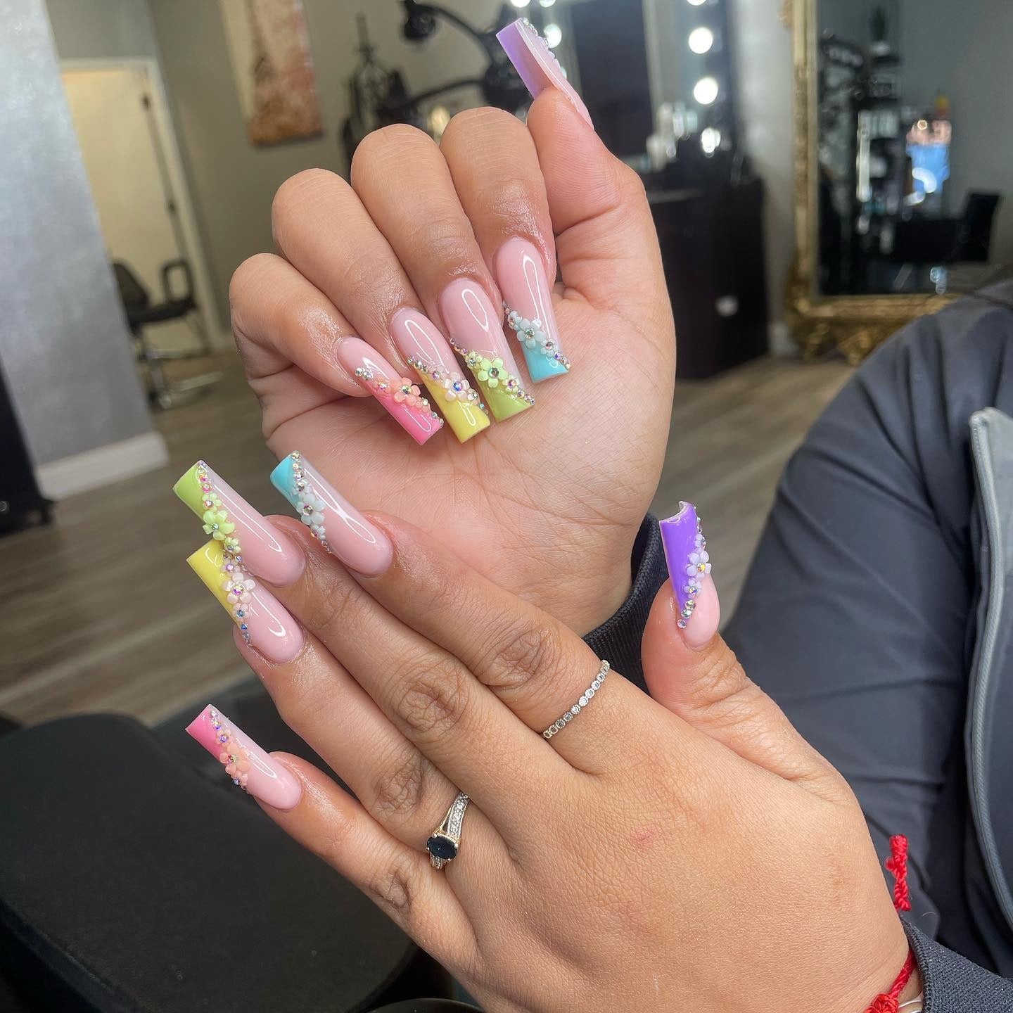 11. Color Pop Coffin Nails with 3D Florals (Spring Nail Ideas)