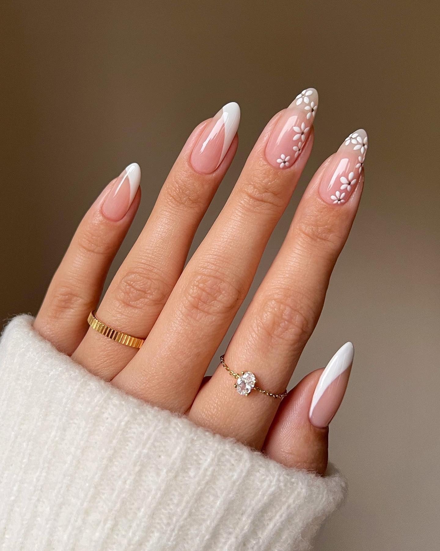 17. Classic White French with Petite Floral Art (Spring Nail Ideas)