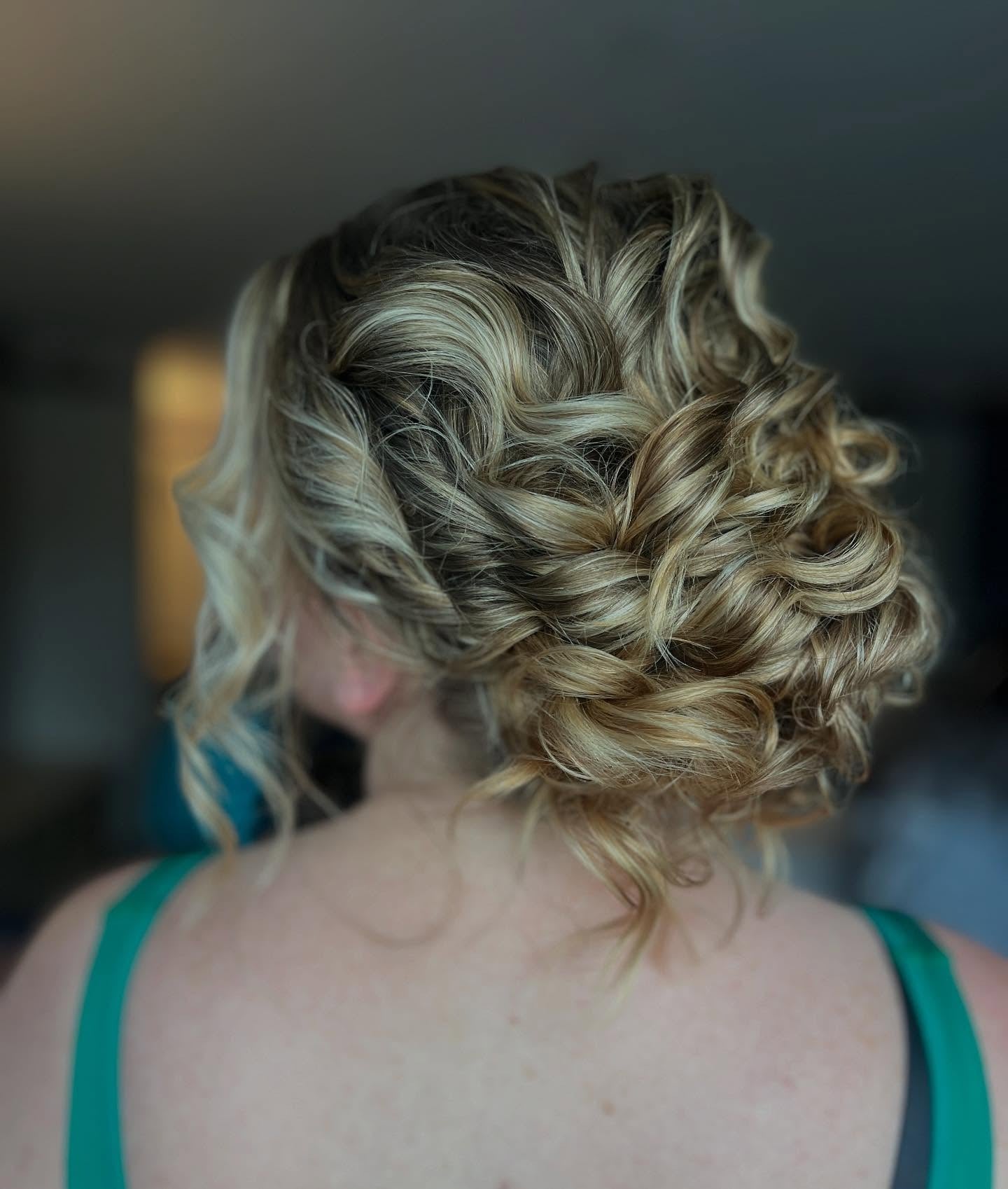 2. Textured Curly Updo on Dimensional Blonde (Bridesmaid Hairstyles)