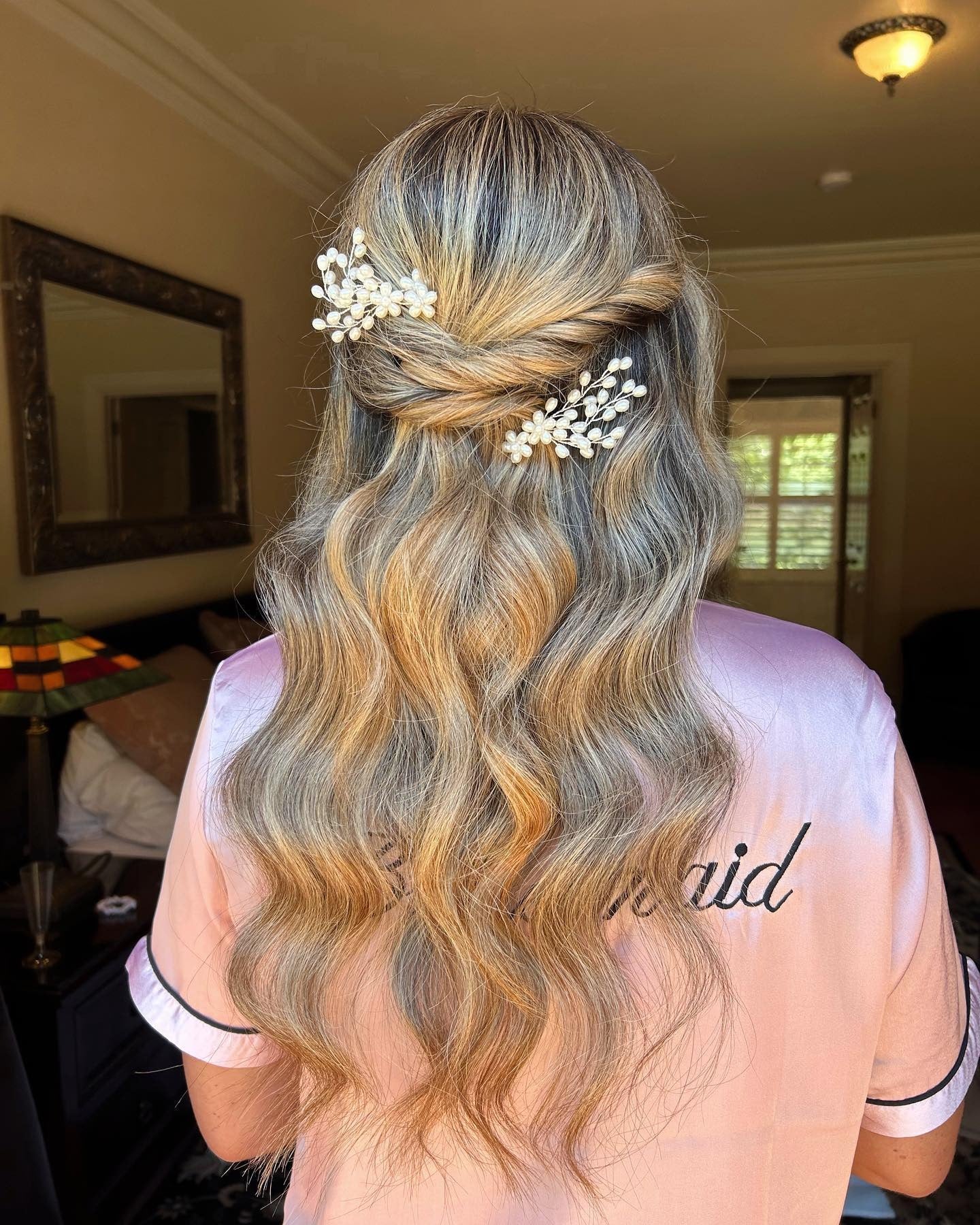 5. Half-Up Twisted Crown with Pearl Sprays on Honey Blonde (Bridesmaid Hairstyles)