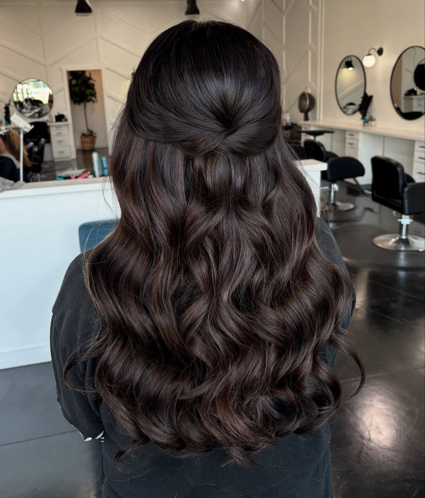 6. Sleek Half-Up Twist on Glossy Dark Brown (Bridesmaid Hairstyles)