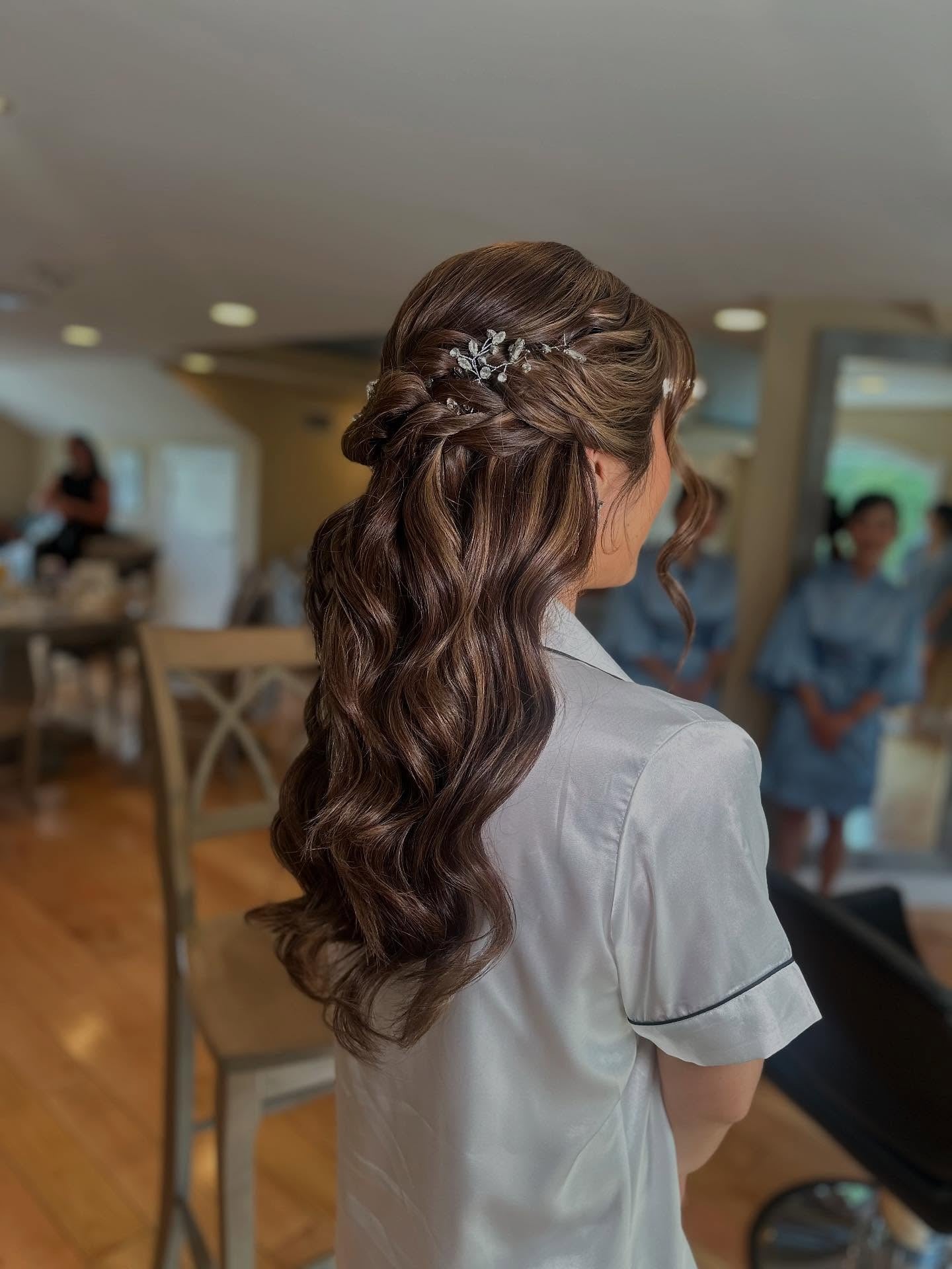 7. Braided Half-Up Ponytail with Crystal Accents on Chestnut Brown (Bridesmaid Hairstyles)