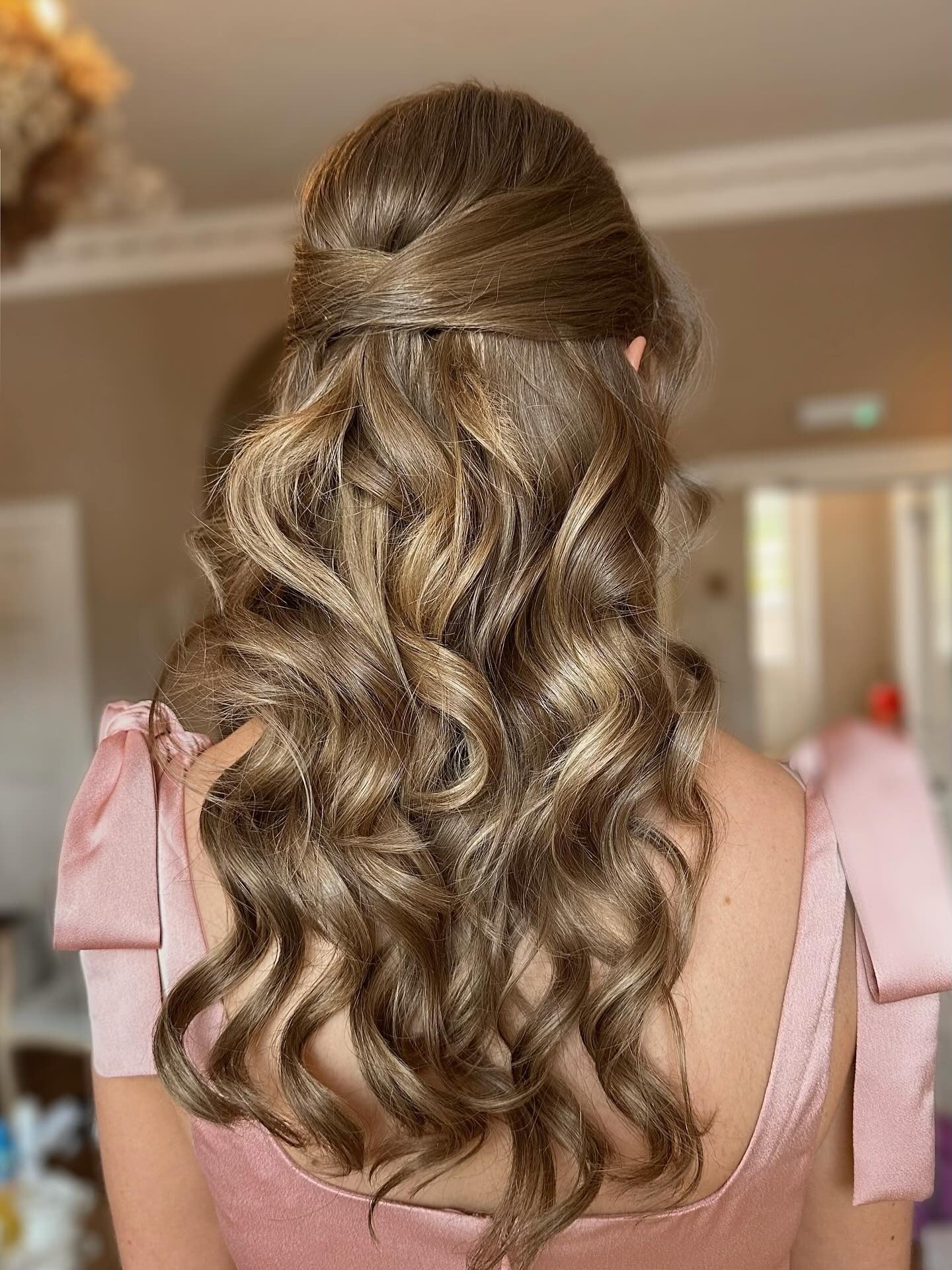 13. Half-Up Wrap with Defined Waves in Golden Ash Brown (Bridesmaid Hairstyles)