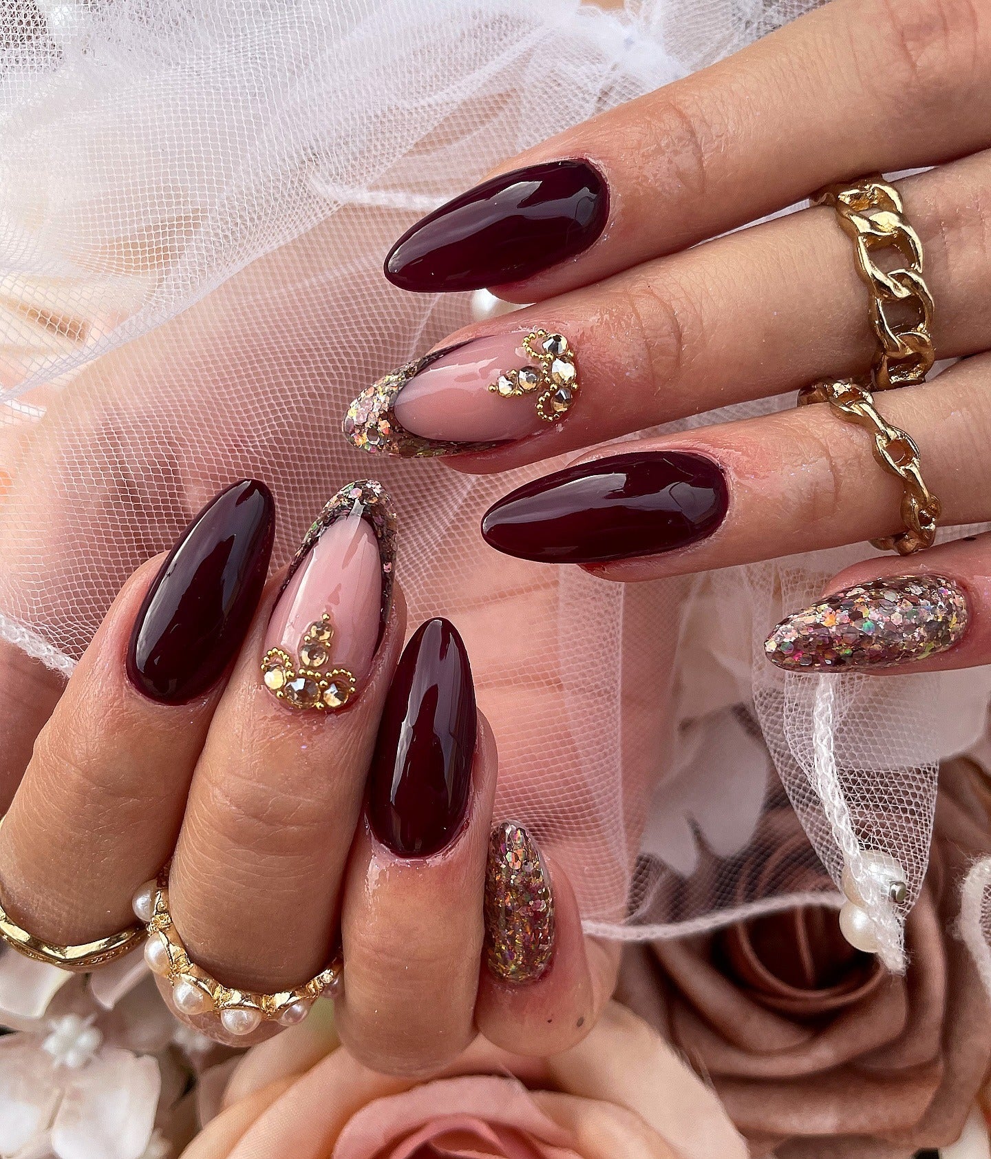 2. Rich Burgundy with Glitter & Crystal Accents (Burgundy Nail Ideas)