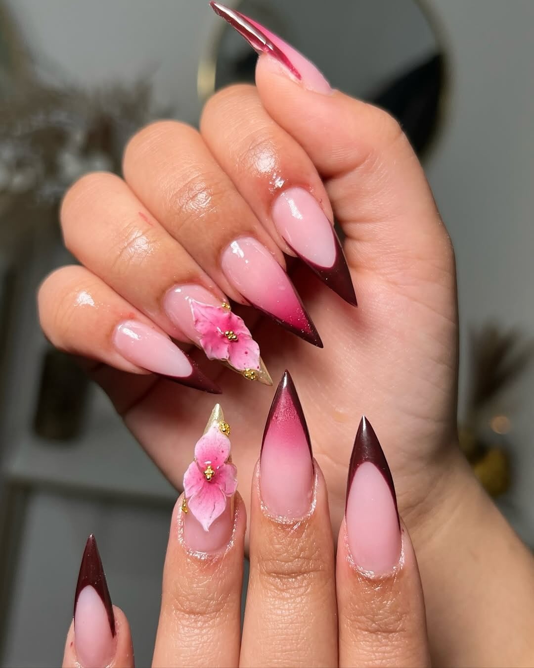 3. Gradient Burgundy French with 3D Floral Art (Burgundy Nail Ideas)