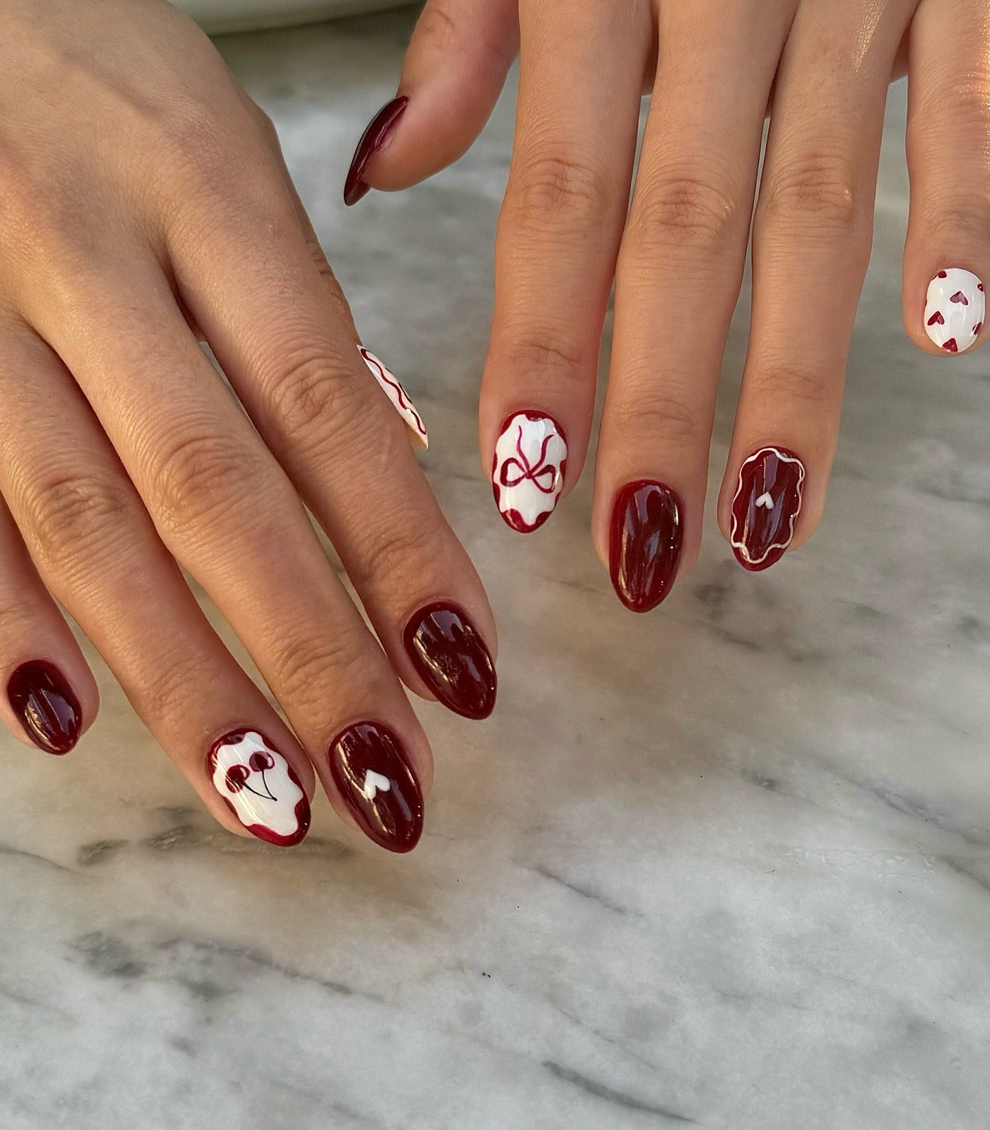 10. Burgundy and White Mix with Playful Accents (Burgundy Nail Ideas)