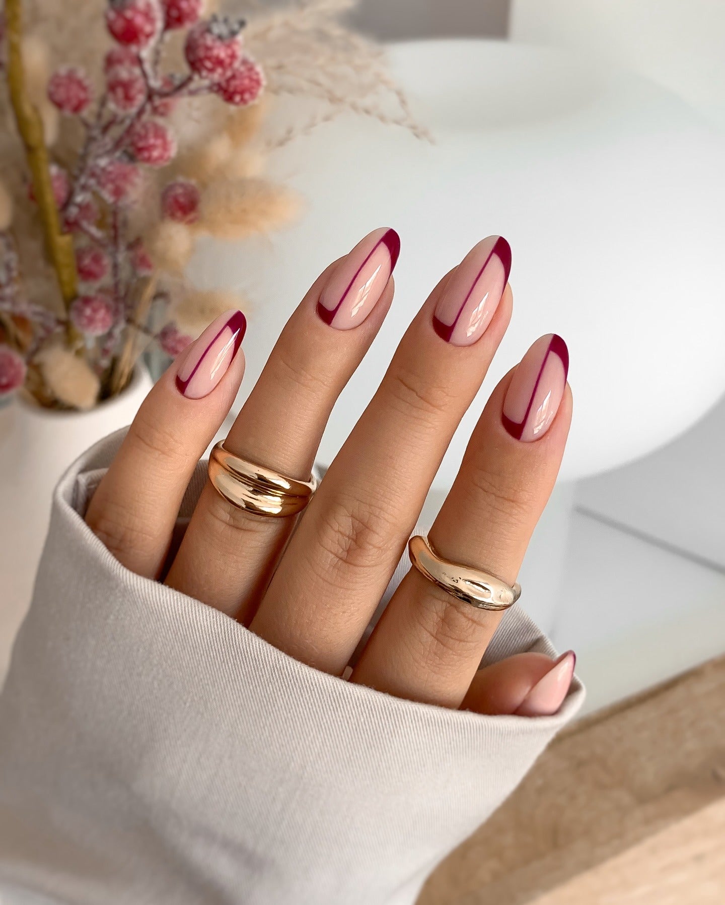 13. Burgundy Double French with Negative Space (Burgundy Nail Ideas)