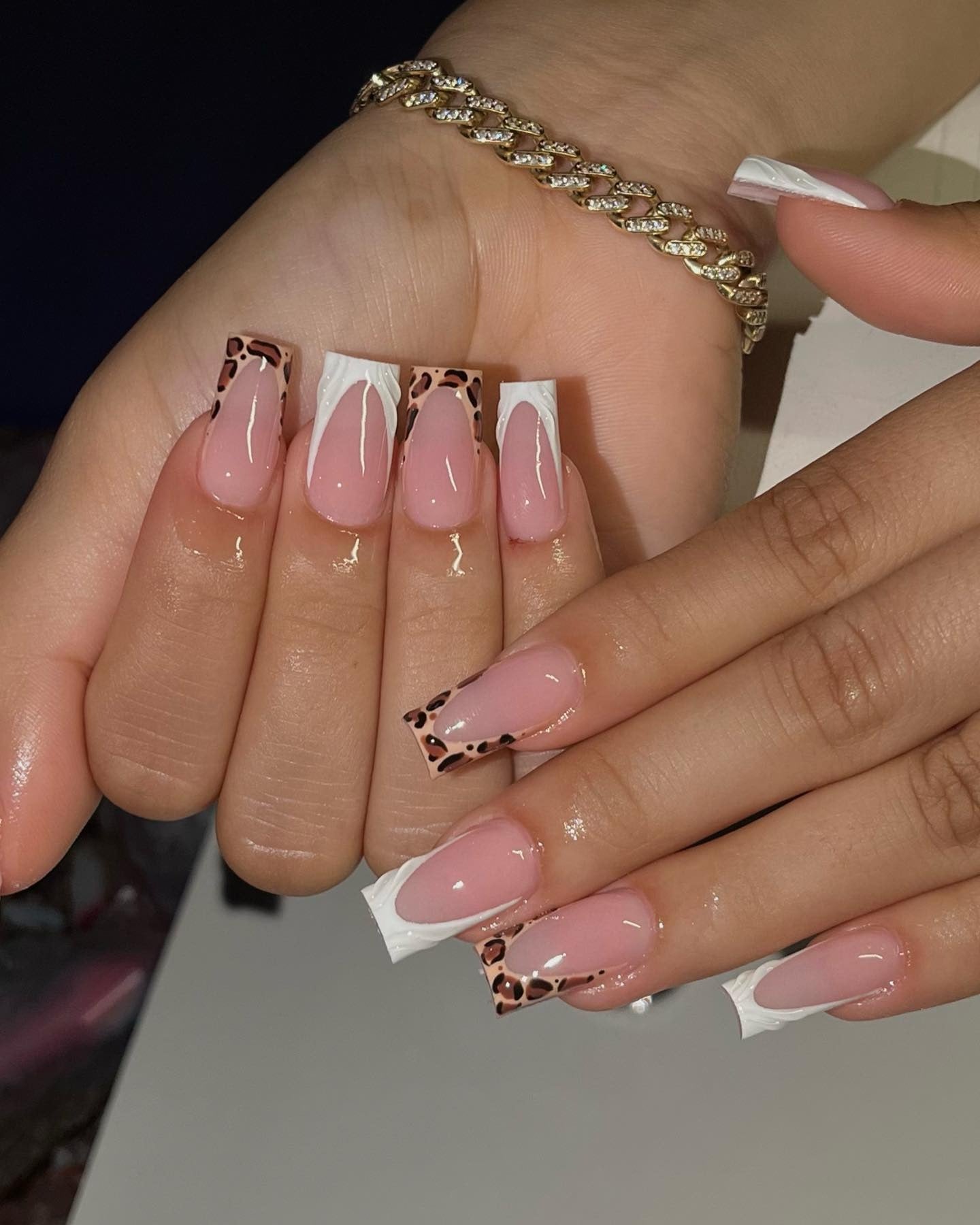 12. Square French with Abstract White and Cheetah Corners (Cheetah Nail Ideas)