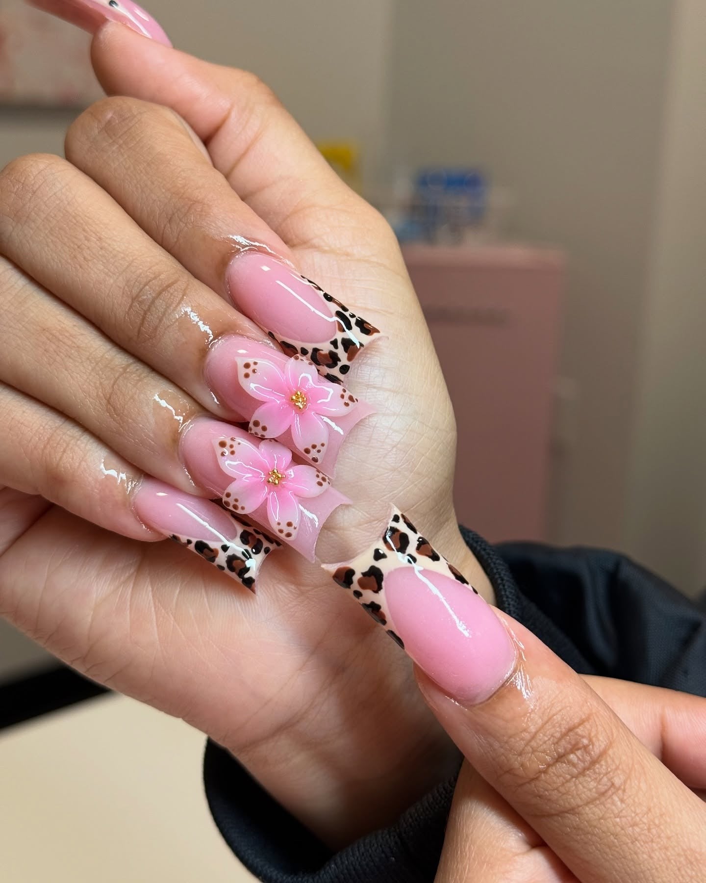15. 3D Pink Florals on Leopard Edge Coffins (Cheetah Nail Ideas)