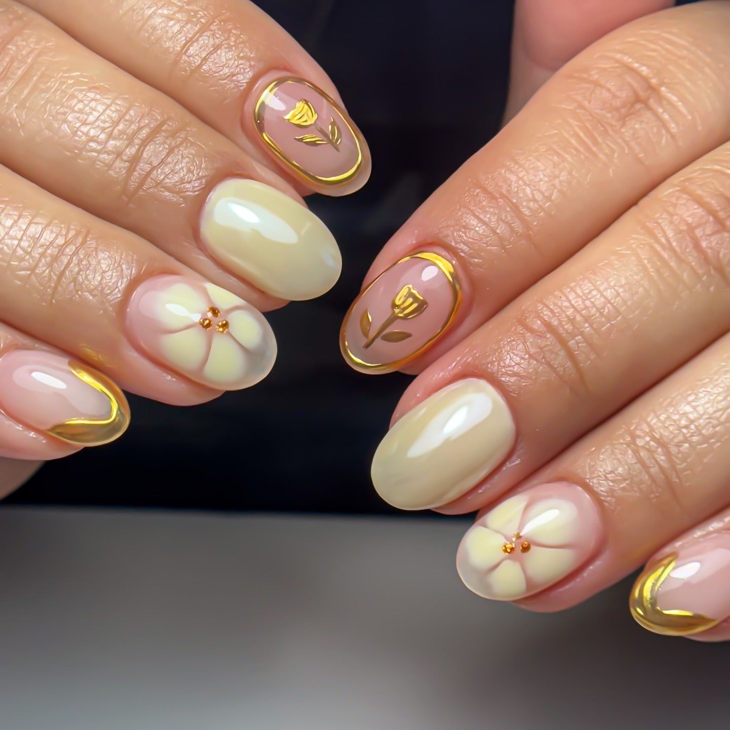 4. Golden Bloom Oval Nails (Yellow Nail Ideas)