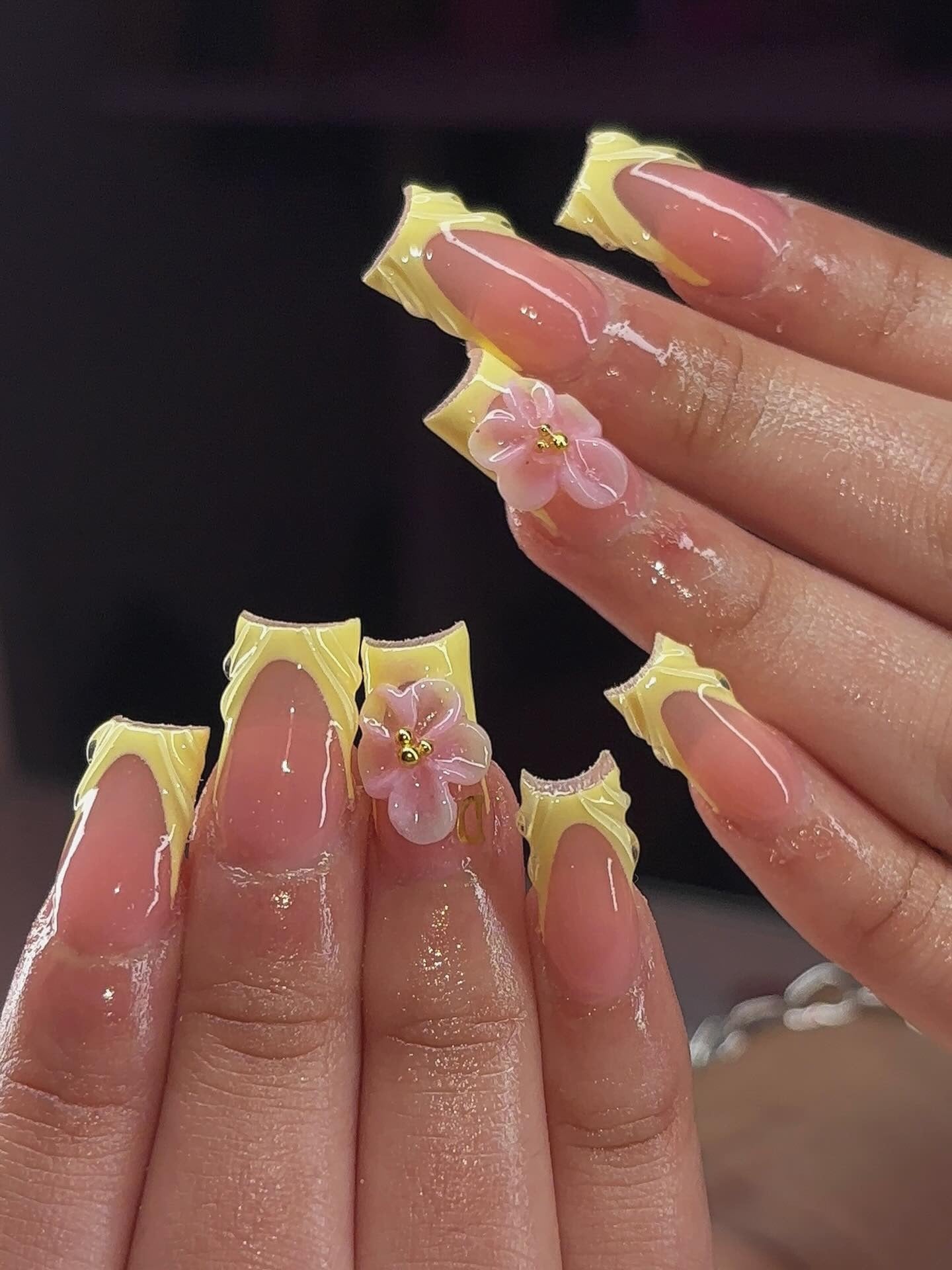 5. Sculpted Yellow French with 3D Florals (Yellow Nail Ideas)