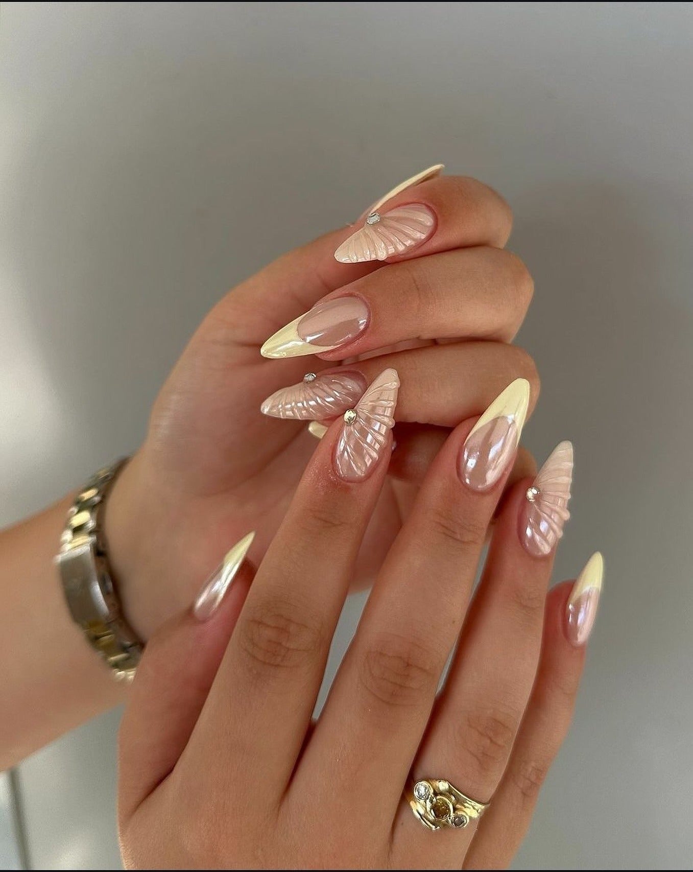 8. Iridescent Shell & Yellow French Nails (Yellow Nail Ideas)