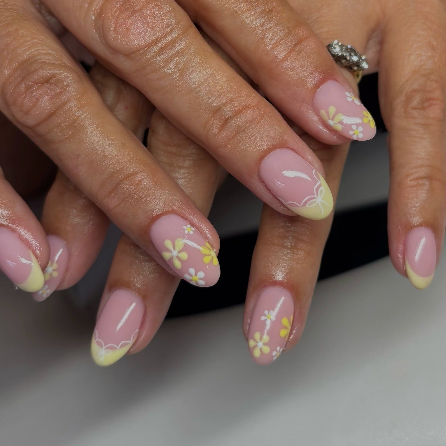 10. Pastel Yellow Floral French Nails (Yellow Nail Ideas)