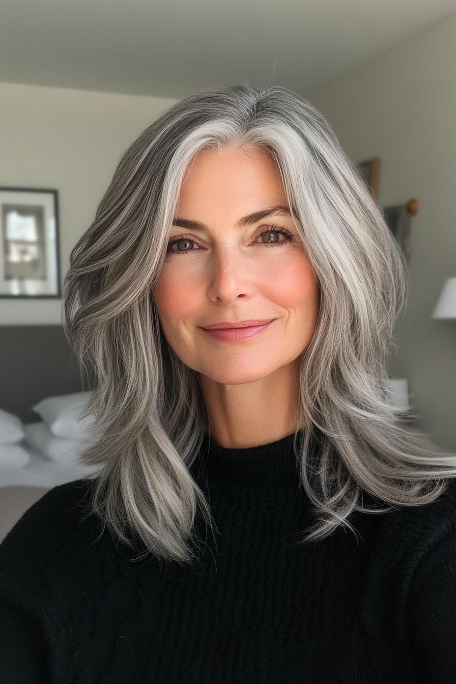 8. Salt-and-Pepper Chin-Length Bob with Gentle Waves (Timeless Hairstyles For Women Over 60) - Timeless Hairstyles For Women Over 60
