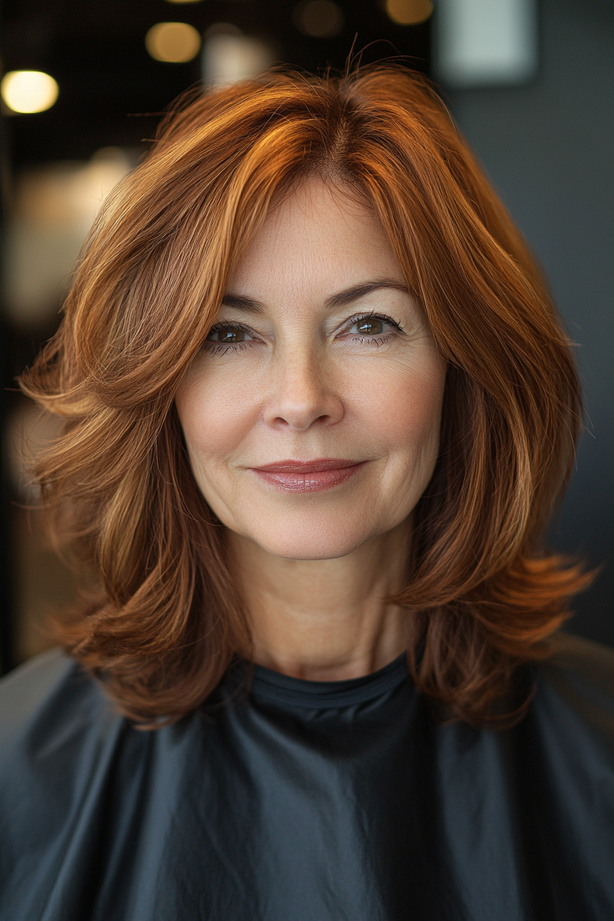 9. Rich Auburn Layered Lob (Timeless Hairstyles For Women Over 60) - Timeless Hairstyles For Women Over 60