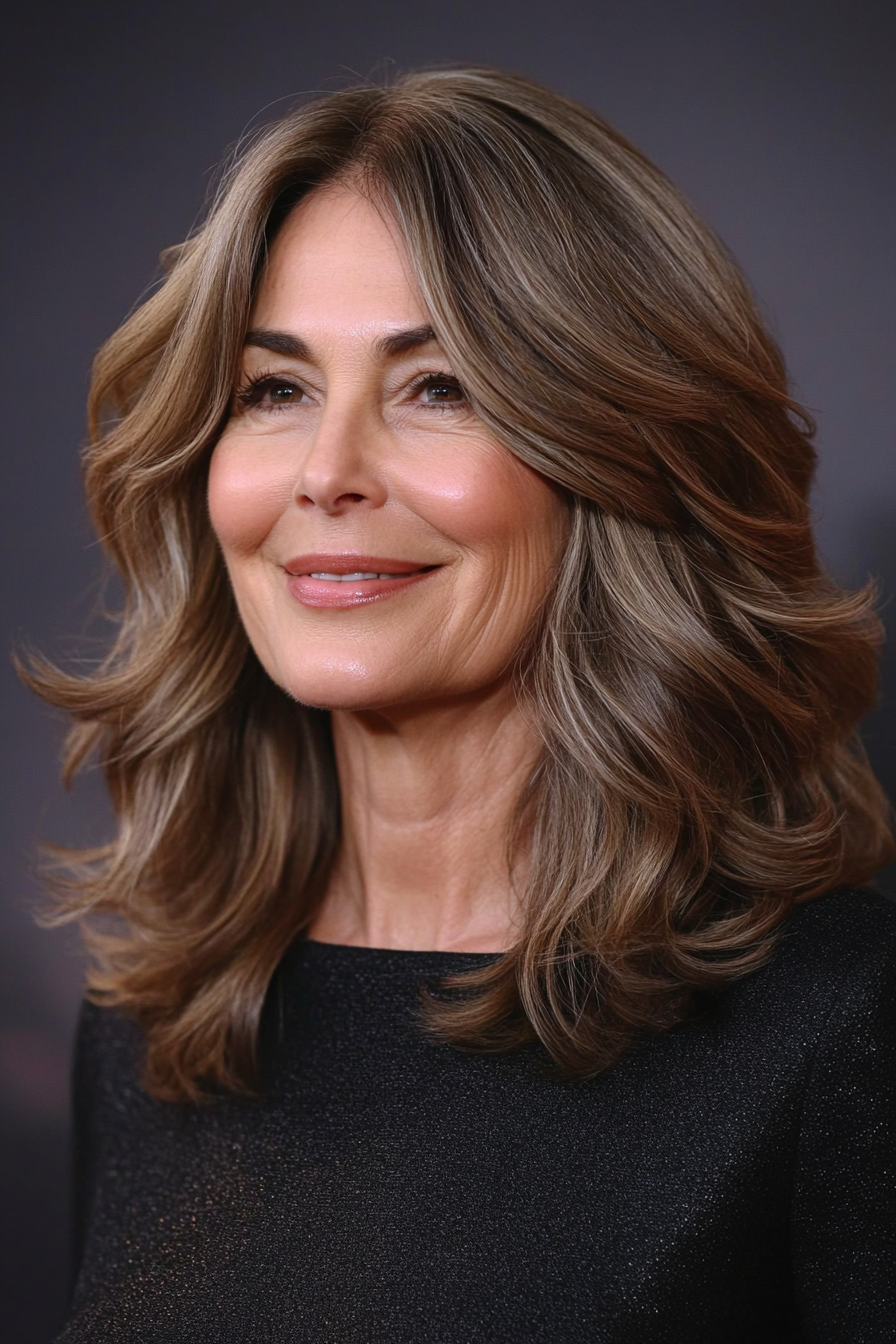 15. Medium Brown Shoulder-Length Layers with Subtle Waves (Timeless Hairstyles For Women Over 60) - Timeless Hairstyles For Women Over 60