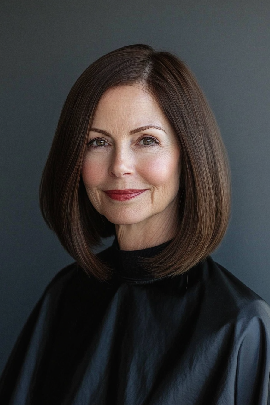 16. Warm Brunette Sleek Lob with Blunt Ends (Timeless Hairstyles For Women Over 60) - Timeless Hairstyles For Women Over 60