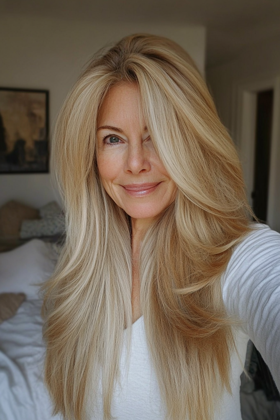 19. Warm Blonde Long Layers with Face-Framing Highlights (Timeless Hairstyles For Women Over 60) - Timeless Hairstyles For Women Over 60