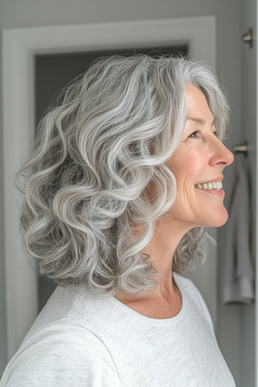23. Natural Gray Soft Curly Lob (Timeless Hairstyles For Women Over 60) - Timeless Hairstyles For Women Over 60