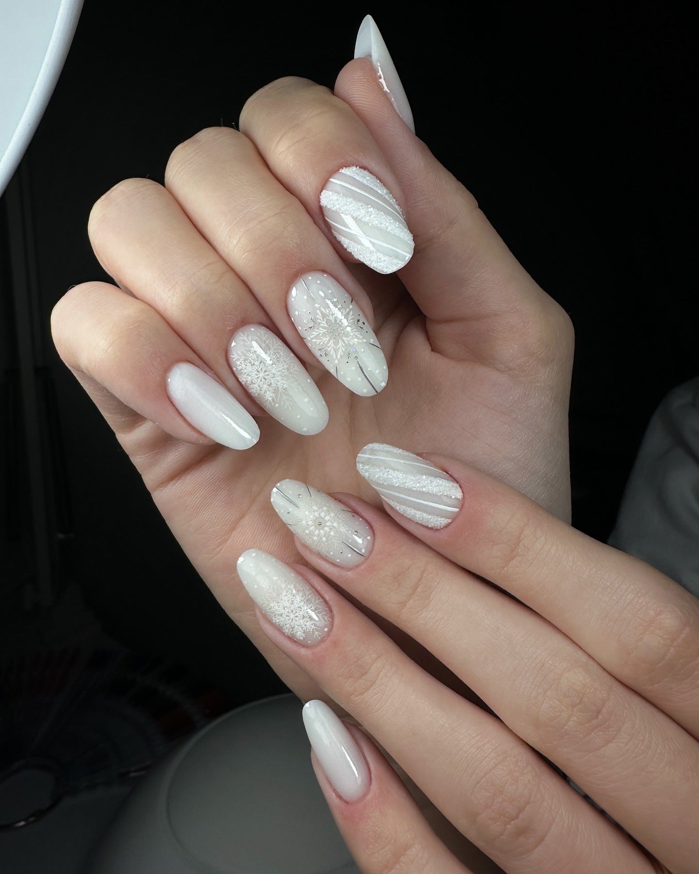 8. Milky Nails with Snowflake Art and Textures (Milky Nail Ideas)