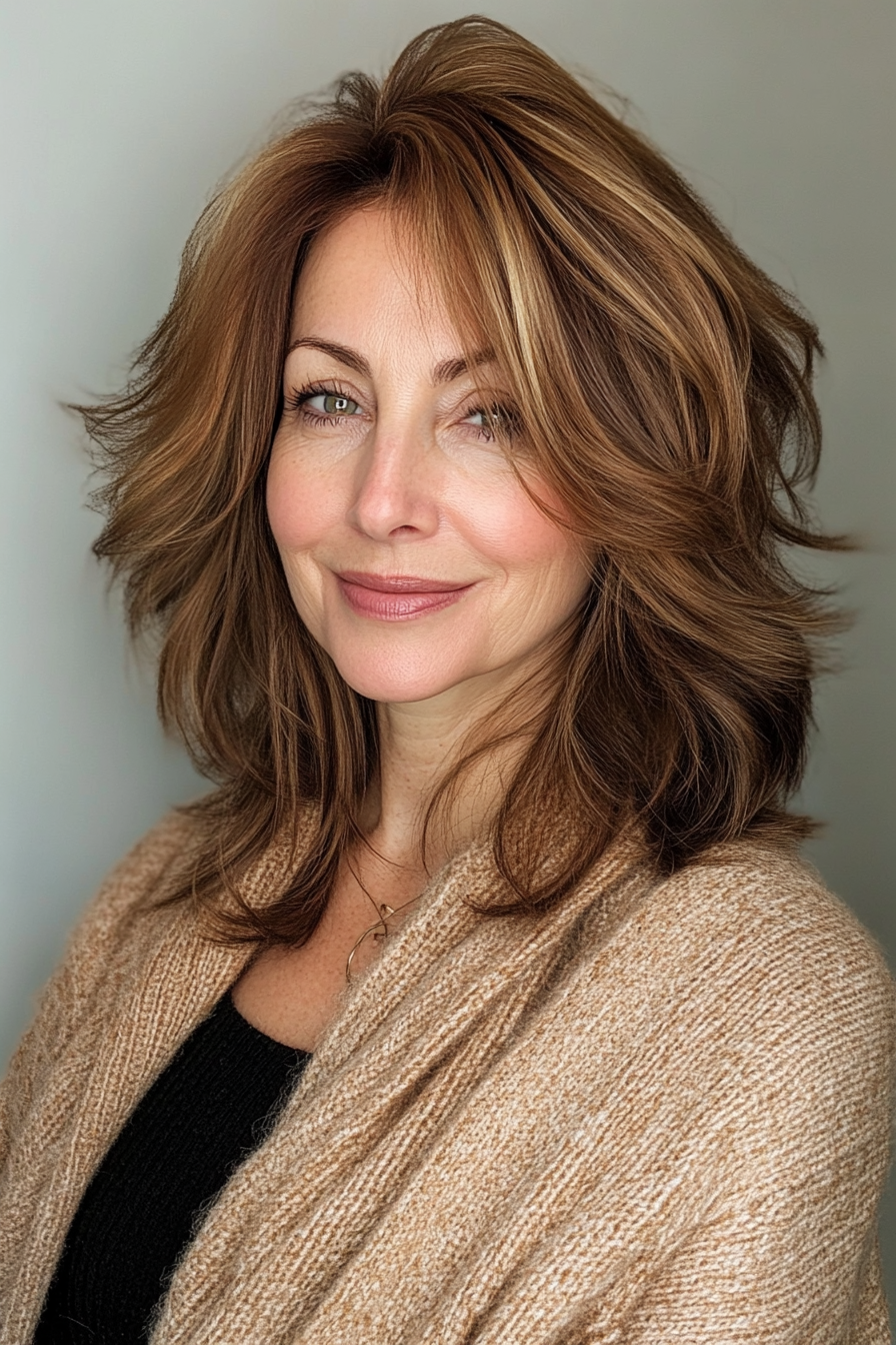 1. Soft Feathered Layers in Warm Chestnut (Medium Length Hairstyles With Layers For Women Over 50) - Medium Length Hairstyles With Layers For Women Over 50