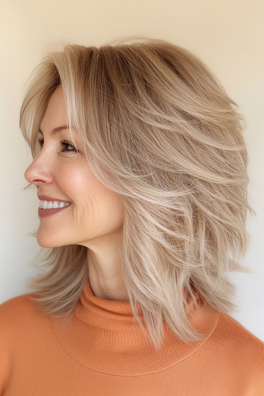 5. Wavy Layers with Golden Brown Balayage (Medium Length Hairstyles With Layers For Women Over 50) - Medium Length Hairstyles With Layers For Women Over 50