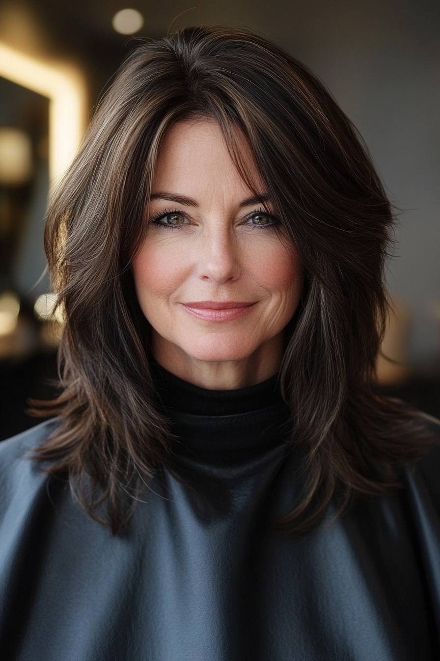 8. Layered Cut with Dark Brown Gloss (Medium Length Hairstyles With Layers For Women Over 50) - Medium Length Hairstyles With Layers For Women Over 50