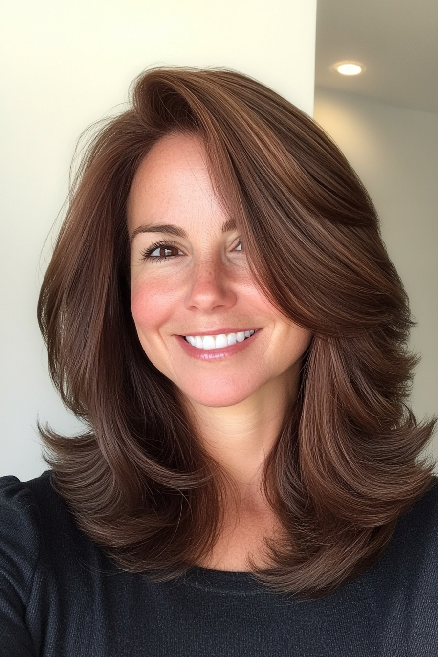 11. Graduated Layers in Rich Espresso Brown (Medium Length Hairstyles With Layers For Women Over 50) - Medium Length Hairstyles With Layers For Women Over 50