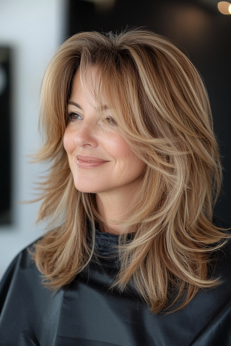13. Flipped Layers in Light Golden Brown (Medium Length Hairstyles With Layers For Women Over 50) - Medium Length Hairstyles With Layers For Women Over 50