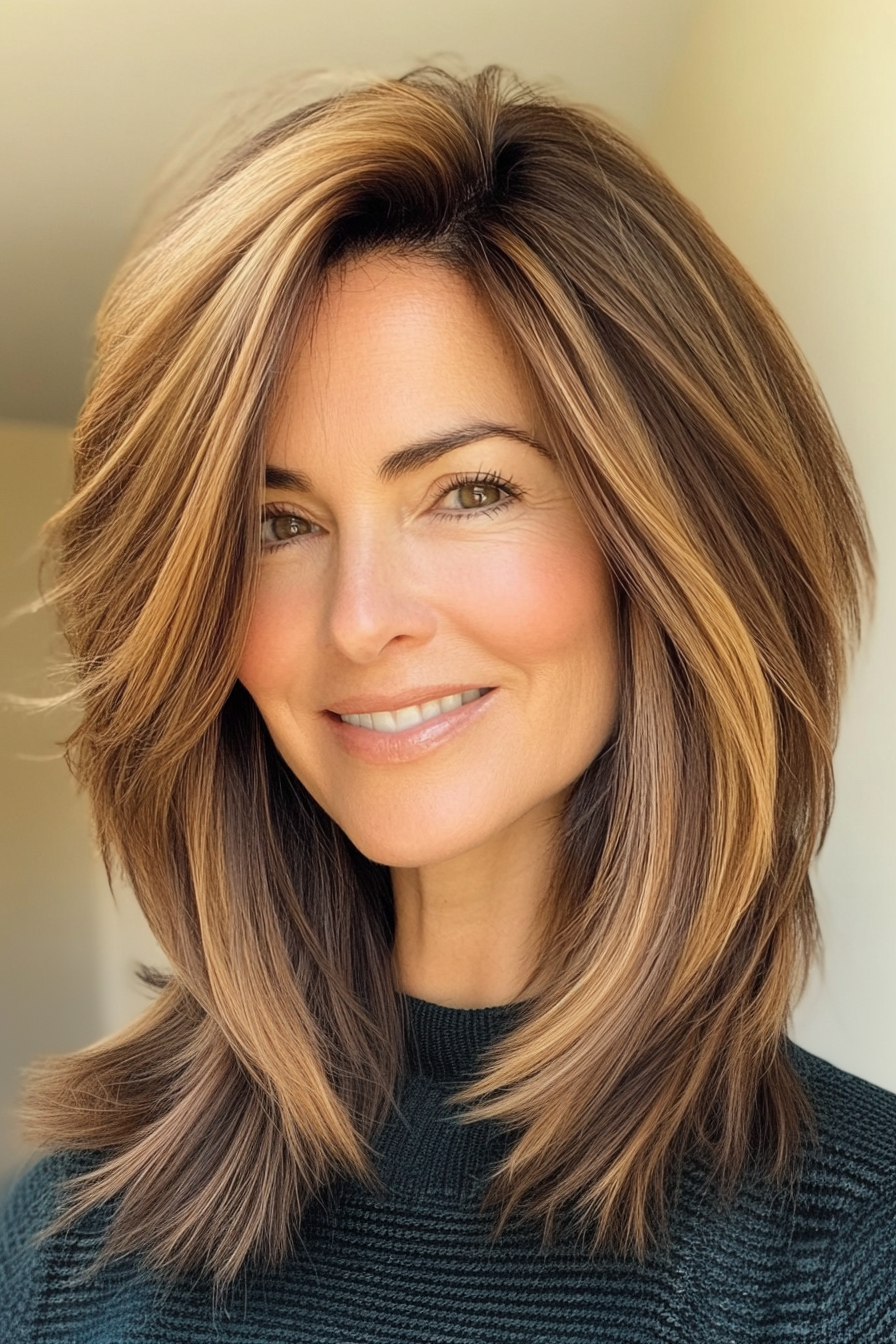 14. Medium Cut with Soft Caramel Accents (Medium Length Hairstyles With Layers For Women Over 50) - Medium Length Hairstyles With Layers For Women Over 50