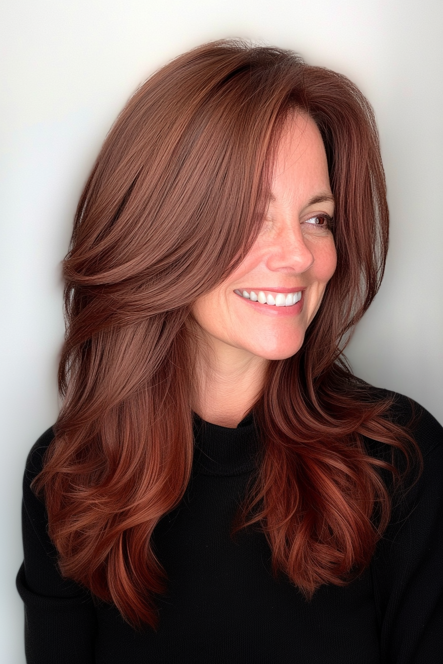 16. Layered Collarbone Cut in Deep Mahogany (Medium Length Hairstyles With Layers For Women Over 50) - Medium Length Hairstyles With Layers For Women Over 50