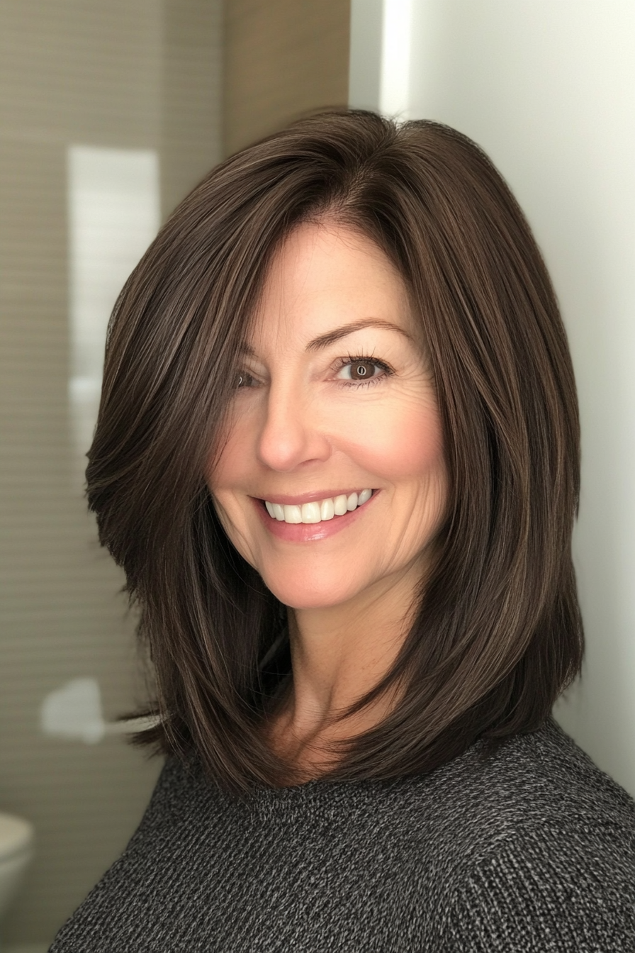 19. Straight Layers in Cool Dark Brown (Medium Length Hairstyles With Layers For Women Over 50) - Medium Length Hairstyles With Layers For Women Over 50