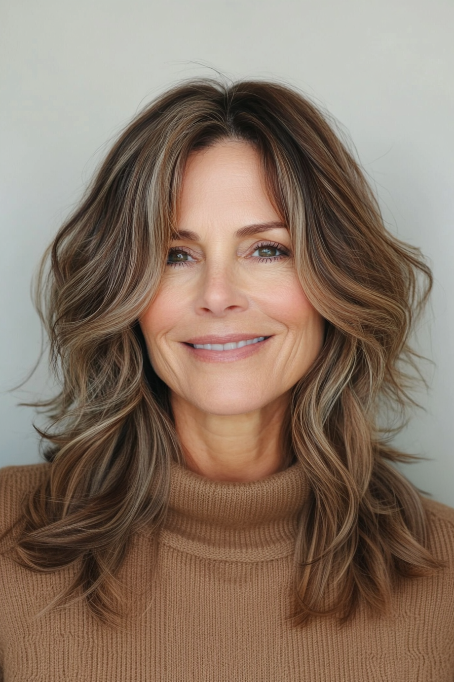 21. Layered Lob with Chestnut Brown Balayage (Medium Length Hairstyles With Layers For Women Over 50) - Medium Length Hairstyles With Layers For Women Over 50